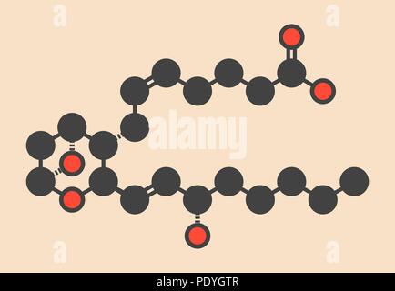 Thromboxane A2 (TXA2) molecule. Stylized skeletal formula (chemical structure): Atoms are shown as colour-coded circles: hydrogen (hidden), carbon (grey), oxygen (red). Stock Photo