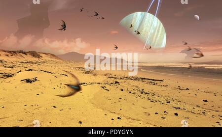 Illustration of alien creatures on a hospitable foreign world. View from the surface of an inhabited rocky moon orbiting a gas-giant exoplanet. The planet is encircled by a series of rings, similar to Saturn in our own Solar System. The moon is depicted as rocky with seas. The sky is a very odd ruddy-brown colour, and is populated by flying lifeforms. Astronomers have found well over a thousand extrasolar planets in the Milky Way. Stock Photo