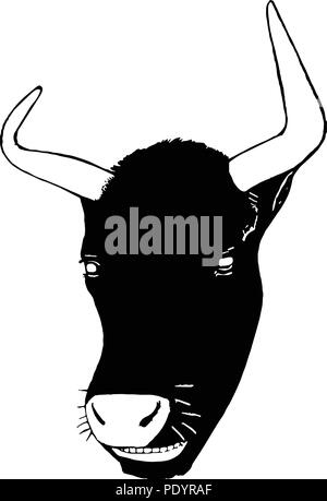 Simple monochrome vector graphic of horned Shetland cow with grin, head only. Stock Vector