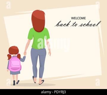 Back to School greeting card. Cartoon characters, mother and daughter are going to school. Vector illustration Stock Vector