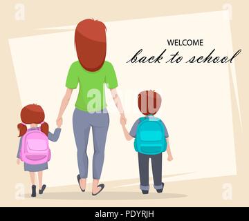 Welcome Back to School greeting card, poster or flyer. Cartoon characters, mother with daughter and son are going to school. Vector illustration Stock Vector