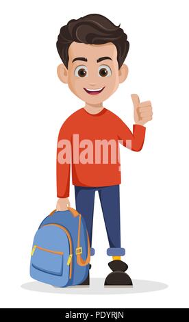 Welcome Back to School. Boy is ready for school, cartoon character showing thumb up gesture. Vector illustration Stock Vector