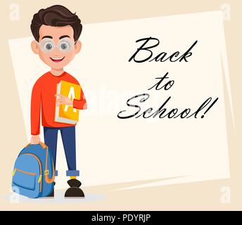 Welcome Back to School greeting card, poster or flyer. Boy is ready for school, cartoon character holding book. Vector illustration on abstract backgr Stock Vector