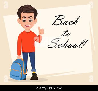 Welcome Back to School greeting card, poster or flyer. Boy is ready for school, cartoon character showing thumb up gesture. Vector illustration Stock Vector