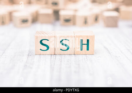 The Word SSH Formed By Wooden Blocks On A White Table Stock Photo