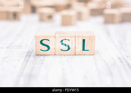 The Word SSL Formed By Wooden Blocks On A White Table Stock Photo