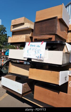 A stack of old drawers to be used as garden pots, at Bring Recycling center in Eugene, Oregon, USA. Stock Photo