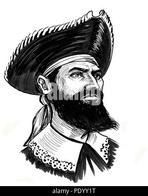 Pirate with a black beard. Ink black and white drawing Stock Photo - Alamy