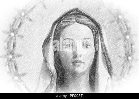 pencil sketch with vignette of the Blessed Virgin Mary Stock Photo