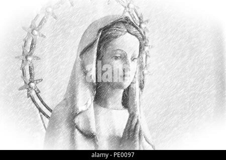 pencil sketch with vignette of the Blessed Virgin Mary Stock Photo