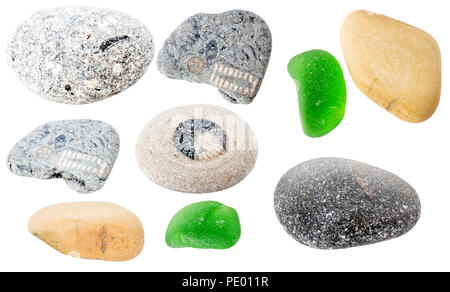Collection of sea stones isolated on white background. Green rounded glass pebble Stock Photo