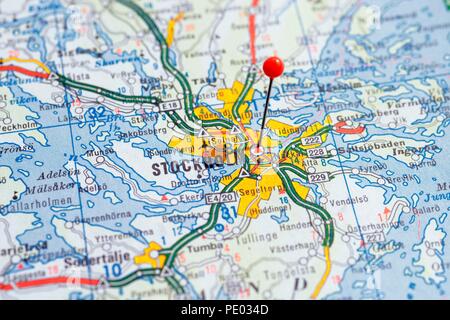 Sweden Stockholm, 07 April 2018: European cities on map series. Closeup of Stockholm Stock Photo