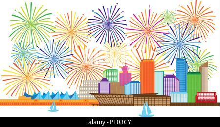 Vancouver British Columbia Canada City Skyline and fireworks display color Illustration Stock Vector