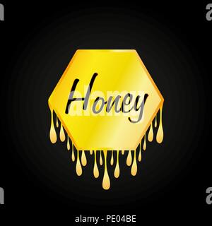 Honeycomb and honey dripping on black background Stock Vector