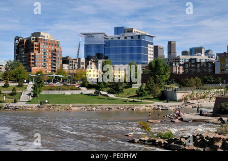 Meeting of the cherry Creek and South Platte rivers at Confluence Park in Downtown Denver on a beautiful summer afternoon Stock Photo