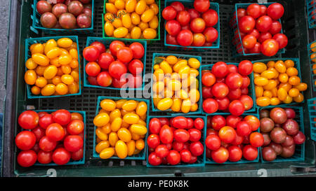 Various Type and Colors of Small Tomatos In Small Plastic Baskets Stock Photo