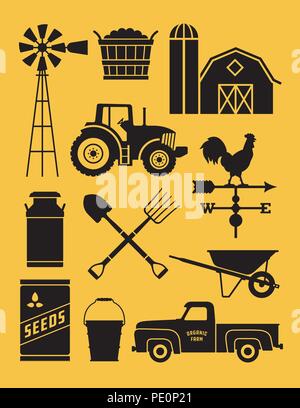 Set of 11 detailed farm icon illustrations. Realistic and highly detailed silhouette illustrations of farm tools, buildings and vehicles. Stock Vector