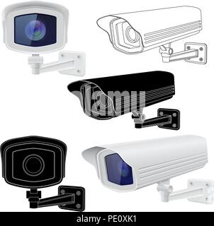 Security camera set. CCTV surveillance system. Outline drawing and 3d model Stock Vector