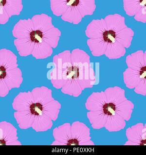 Hibiscus. Pink floral seamless pattern on blue background Stock Vector