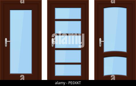Interior doors. Brown wooden set of designs with glass elements Stock Vector