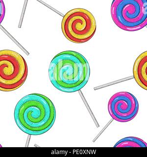 Swirl lollipops as seamless pattern. Colored hand drawn sketch Stock Vector