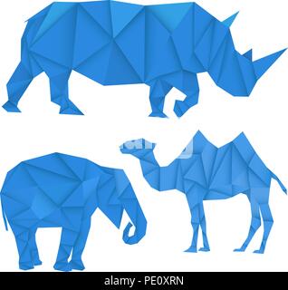 Blue rhinoceros, elephant and camel. Polygonal vector illustration Stock Vector