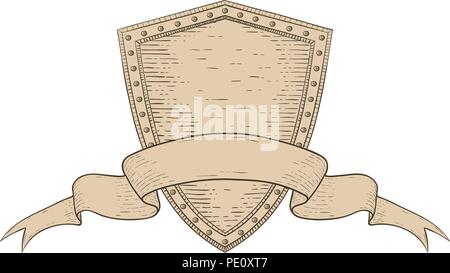 Shield with award ribbon banner. Hand drawn sketch Stock Vector