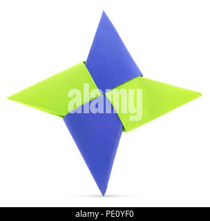 Isolated Origami blue and green paper star shape. Origami star shape paper fold on a white background. Stock Photo
