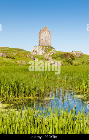 The view across a mill pond towards Smailholm Tower in the Scottish Borders.  The tower was build in the 1400's. Stock Photo