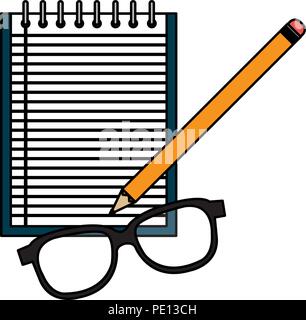 notebook agend with pencil and glasses vector illustration design Stock Vector