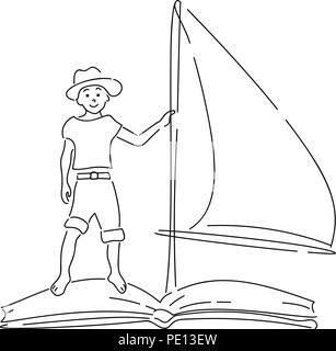 Boy floating on book with sail. Hand drawn style doodle design. Vector illustration Stock Vector