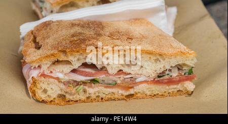traditional Italian foccacia stuffing with cheese ham herbs and tomato Stock Photo