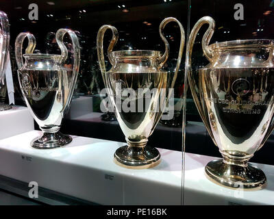 Champions League Pokale, Santiago Bernabeu Stadion, Real Madrid, Madrid. Stock Photo