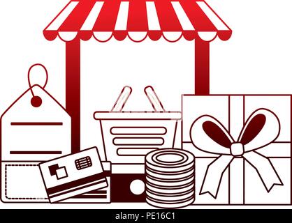 smartphone shopping basket gift price tag bank card coins buy online vector illustration neon red Stock Vector
