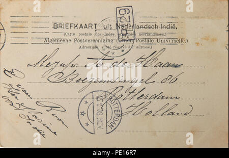 Postcard from the Dutch East Indies to Rotterdam in 1908 Stock Photo