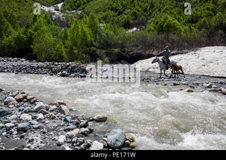 Man on a horse crossing a river in Caucasus mountains in Svaneti, Georgia