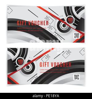 Vector gift voucher template. Universal flyer grey black design elements. Gift voucher value 100 dollars for department stores, business. Abstract geo Stock Vector