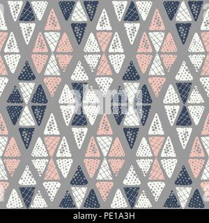 Hand drawn tribal textured triangles on grey background vector seamless pattern. Ethnic abstract geometric drawing inspired by traditional kilims. Col Stock Vector