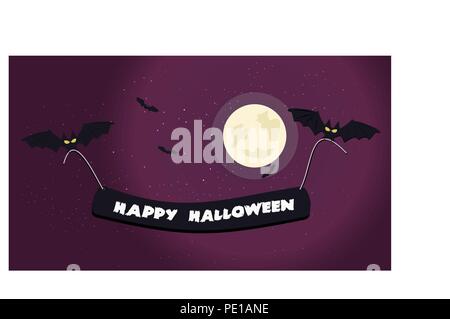 Halloween night background picture with flying bats holding a happy halloween text, Vector elements for banner, greeting card halloween celebration, halloween party poster. Stock Vector