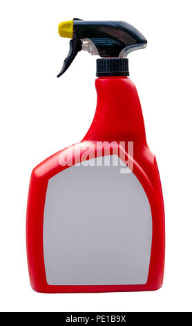 An Isolated Red Plastic Spray Bottle With A Blank Label For Your Text On A White Background Stock Photo