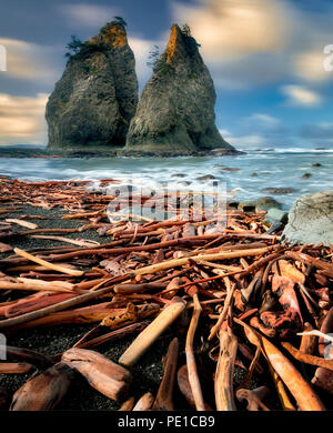 Driftwood and Split Rock. Rialto Beach. Olympic National Park, Washington Stock Photo