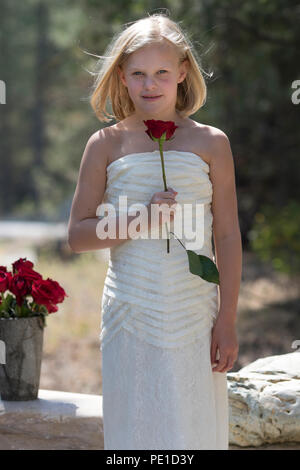 Fantasy, 8-9 year attractie blonde, wearing aunt's wedding dress . Standing outdoors, holding a red rose, beside vase of red roses. Smiling at camera Stock Photo