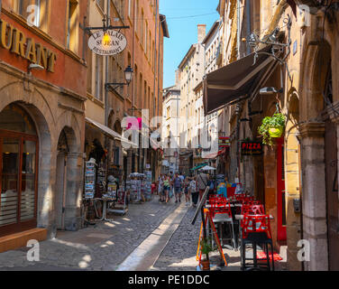 Lyon France, 2 August 2018: Vieux-Lyon old district pedestrian street view in Lyon France during summer with tourists Stock Photo