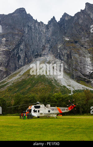 Sea King rescue helicopter from the norwegian air force on the ground in Romsdalen valley during rescue training in 2016, Møre og Romsdal, Norway. Stock Photo