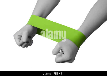 Close-up isolated green sport strap for stretching. Stock Photo