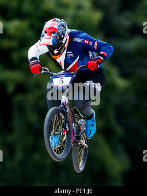 Great Britain's Kyle Evans in action during the men's final which he went on to win Gold, during day ten of the 2018 European Championships at the Glasgow BMX Centre Track. Stock Photo