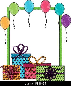 birthday gift boxes balloons frame decoration hand drawing design Stock  Vector