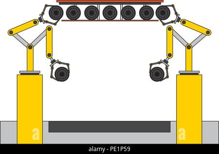 assembly line tires automatic auto production conveyor robotic Stock Vector