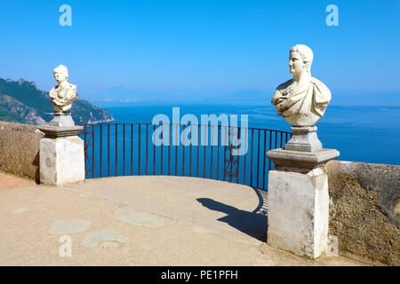 Stone statues on sunny Terrace of Infinity in Villa Cimbrone above the sea in Ravello, Amalfi Coast, Italy. Stock Photo