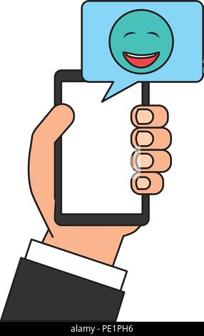hand with smartphone and emoji kawaii in speech bubble Stock Vector